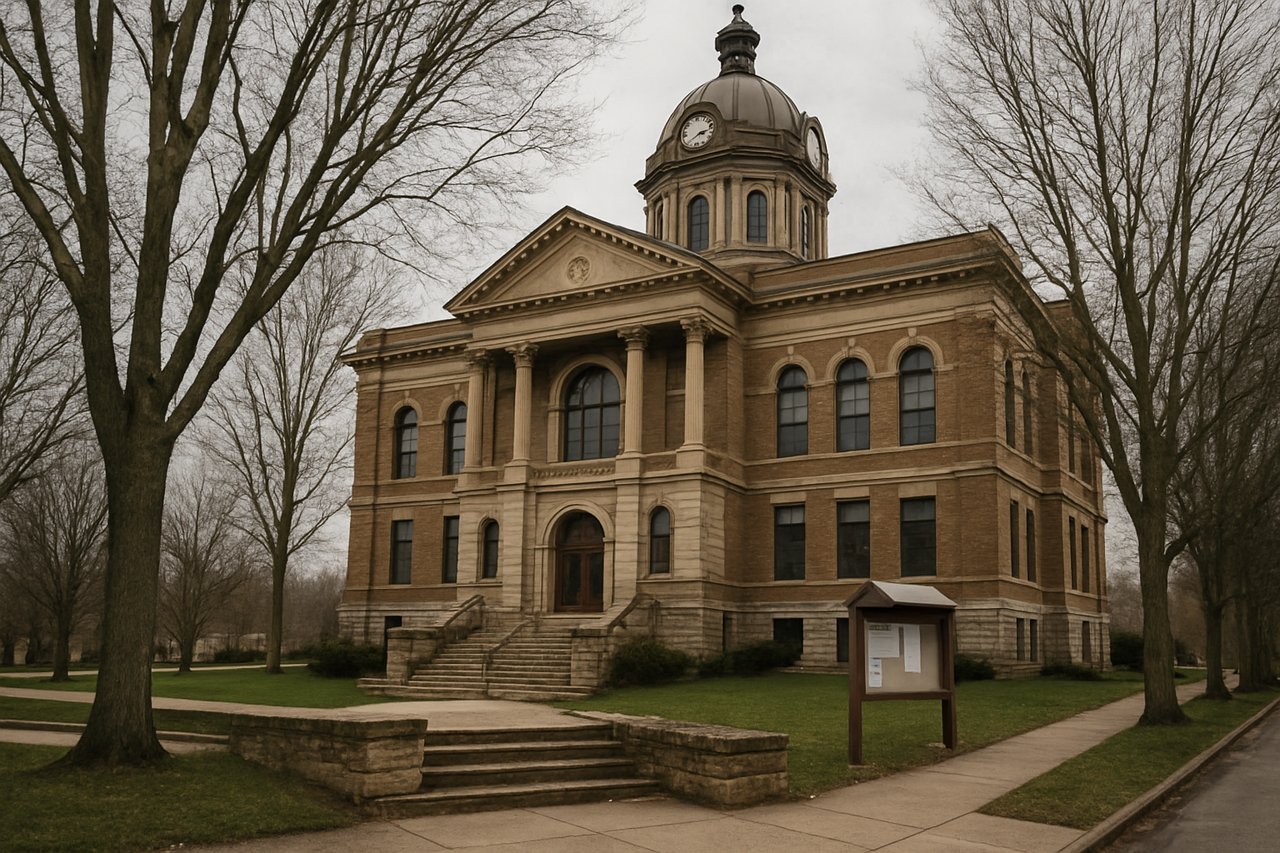 A West Michigan county courthouse on an overcast spring morning